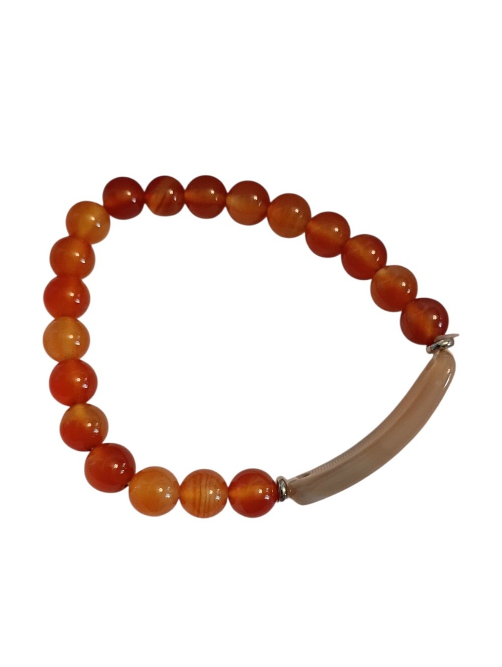 Orange/Brown Agate Beaded Stretch Bracelet, Round Stones, Center Bar Bead